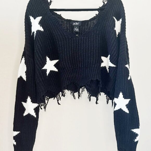 Oversized Cropped Black Sweater with White Stars, Just Polly Womens Size Medium - Picture 2 of 14